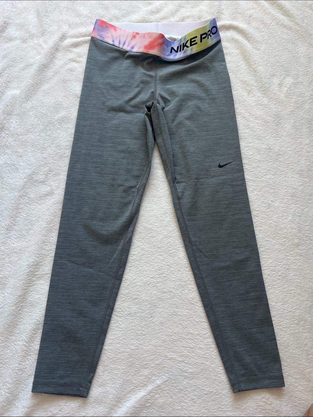 Nike Gray Leggings with Multicolor Tie-Dye Waistband